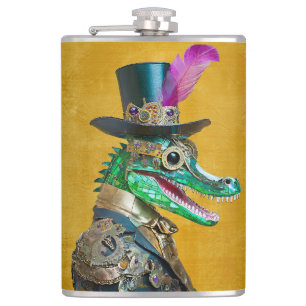 Mardi Gras Steampunk Party Animal Alligator Hip Flask
