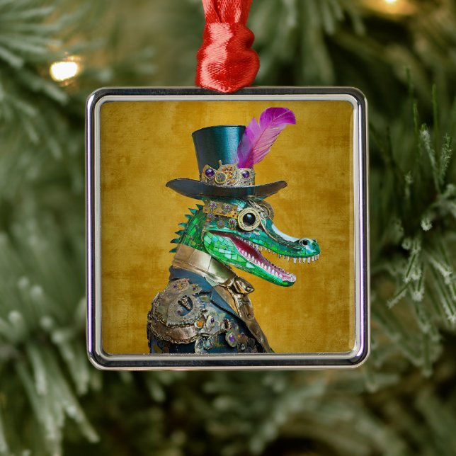 Mardi Gras Steampunk Party Animal Alligator Metal Ornament (Tree)