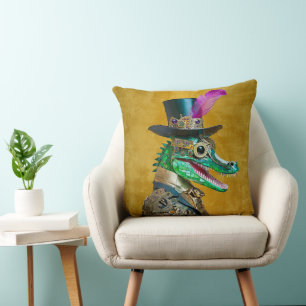 Mardi Gras Steampunk Party Animal Alligator Throw Pillow