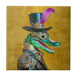 Mardi Gras Steampunk Party Animal Alligator Tile