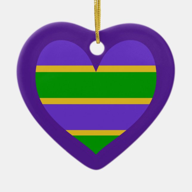Mardi Gras Striped Purple Heart   Ceramic Ornament (Front)