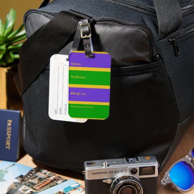 Mardi Gras Stripes Luggage Tag (Front & Back)