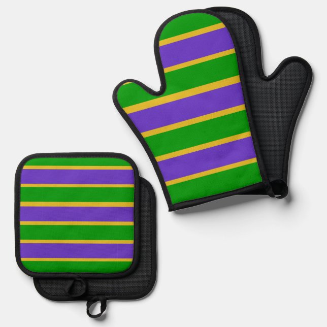 Mardi Gras Stripes Oven Mitt & Pot Holder Set (Front/Back)
