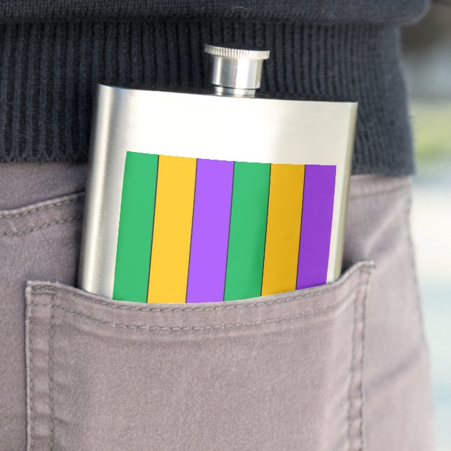 Mardi Gras Stripes Pattern Green Yellow Purple Hip Flask (In Situ)