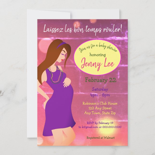 Mardi Gras Themed Baby Bump Invite Brown Hair (Front)