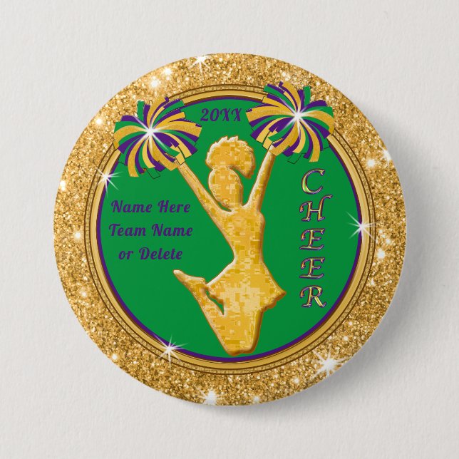 Mardi Gras Themed, Cheerleader Party Favours,  3 Inch Round Button (Front)