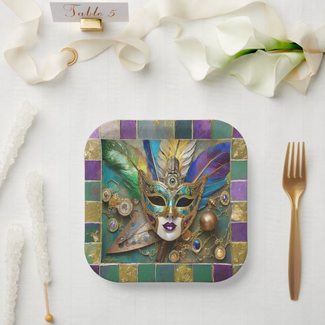 Mardi Gras Third Eye Gold Ceramic Feather Mask Paper Plate (Wedding)