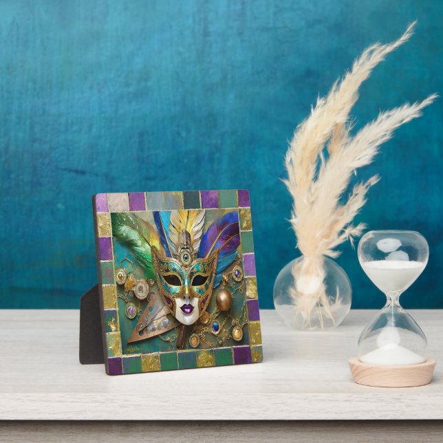 Mardi Gras Third Eye Gold Ceramic Feather Mask Plaque (Insitu)