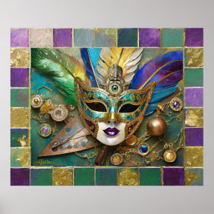 Mardi Gras Third Eye Gold Ceramic Feather Mask Poster