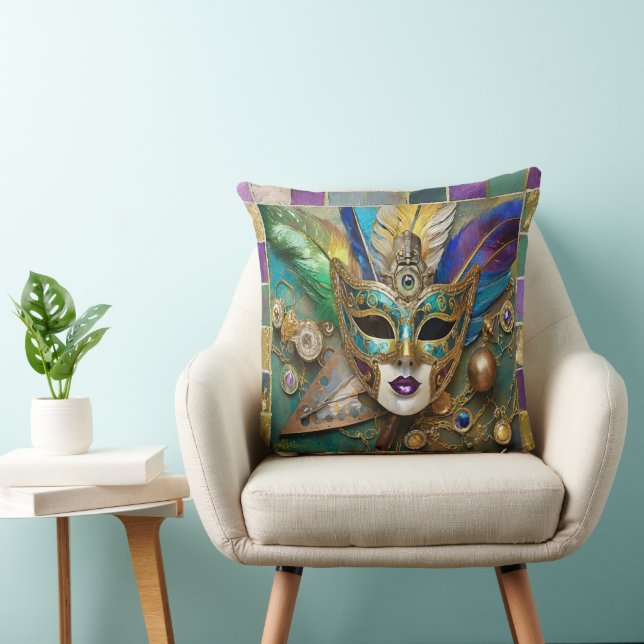 Mardi Gras Third Eye Gold Ceramic Feather Mask Throw Pillow (Chair)