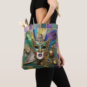 Mardi Gras Third Eye Gold Ceramic Feather Mask Tote Bag