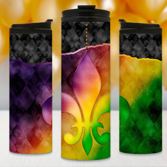 Mardi Gras Tumbler, Colourful Fleur de Lis Thermal Tumbler (Creator Uploaded)