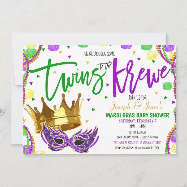 Mardi Gras Twins Baby Shower Invitation (Front)