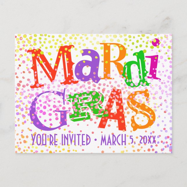 Mardi Gras Typography Party Invitation Postcard (Front)