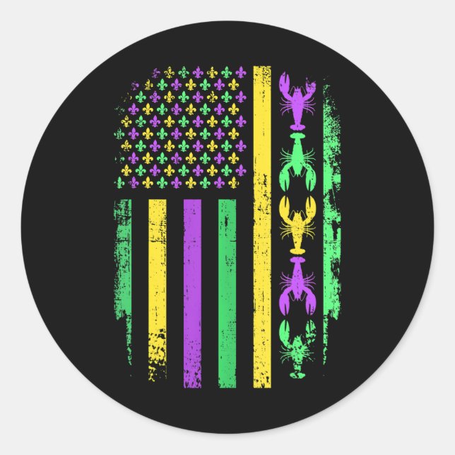 Mardi Gras US American flag with crawfish New Classic Round Sticker (Front)