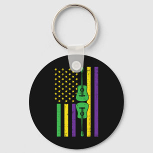 Mardi Gras Us Flag Guitar Vintage Music Patriotic Keychain
