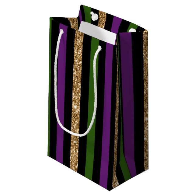 Mardi Gras Vertical Lines Golden Glitter NOLA Small Gift Bag (Front Angled)