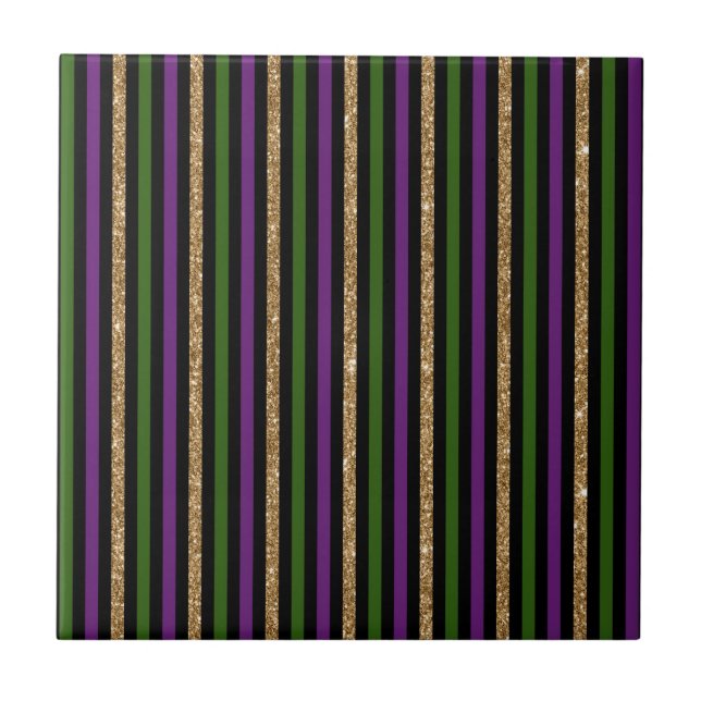 Mardi Gras Vertical Lines Golden Glitter NOLA Tile (Front)