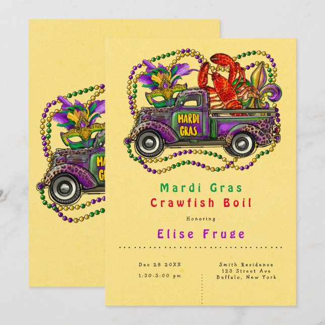 Mardi Gras Vintage Truck Crawfish Boil  Invitation (Front/Back)