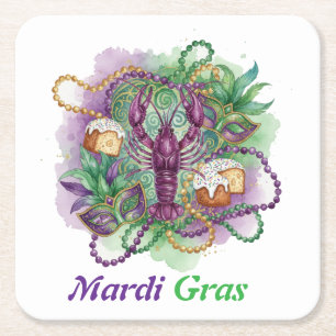 Mardi Gras Watercolor Celebration  Square Paper Coaster