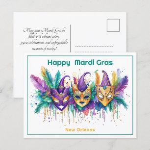 💚💜💛 Mardi Gras watercolor Masked Mischief Maker Postcard