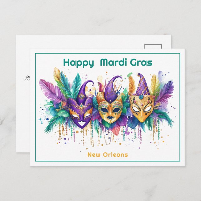 💚💜💛 Mardi Gras watercolor Masked Mischief Maker Postcard (Front/Back)