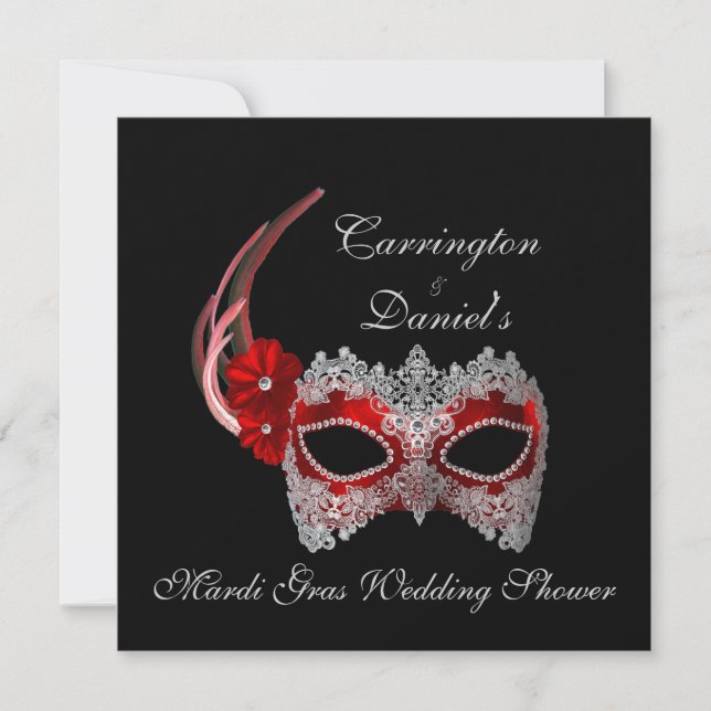 "Mardi Gras Wedding Shower" - Red Mask w/ Lace Invitation (Front)