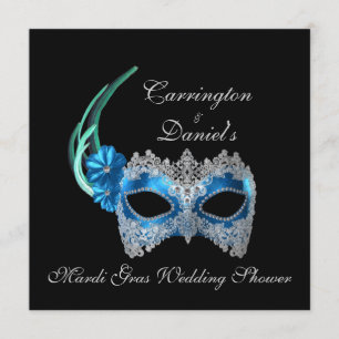 "Mardi Gras Wedding Shower" - Turquoise Mask w/ La Invitation