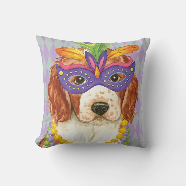Mardi Gras Welsh Springer Spaniel Throw Pillow (Front)
