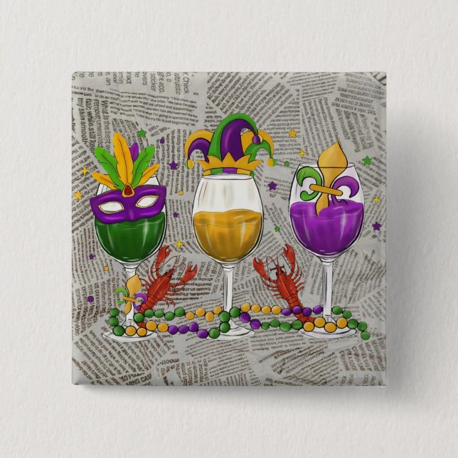 Mardi Gras Wine Glasses and Crawfish 2 Inch Square Button (Front)