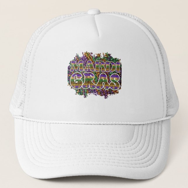 Mardi Gras with Optional Custom Text Trucker Hat (Front)