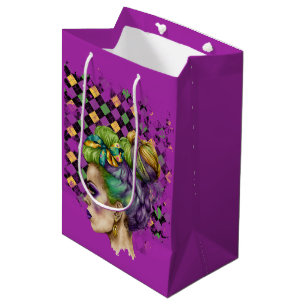  MARDI GRAS WOMAN WITH PURPLE GREEN GOLD HAIR MEDIUM GIFT BAG