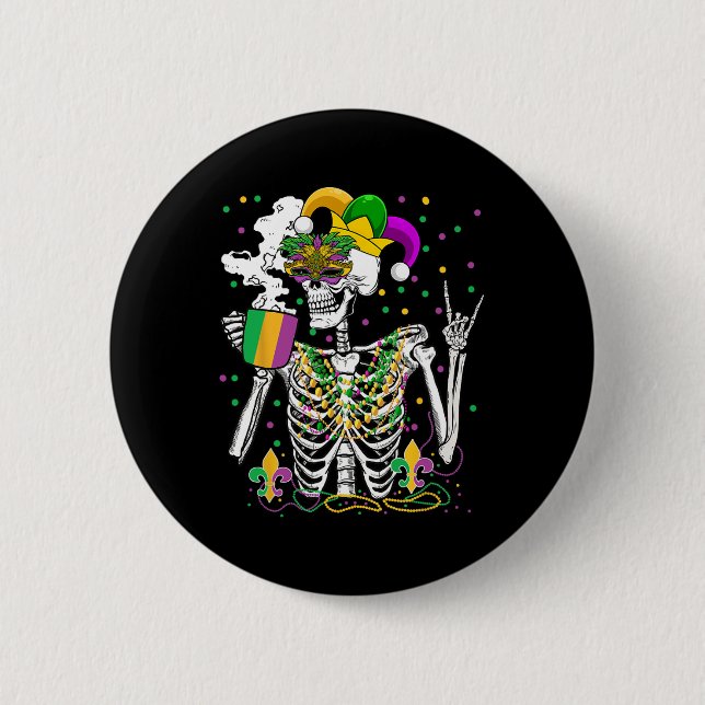 Mardi Gras X-ray Skeleton Drinking Coffee Cute Hea 2 Inch Round Button (Front)