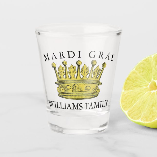 Mardi Gras Yellow Crown Family Name Monogram Shot Glass (Front)