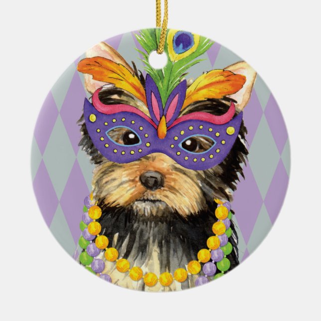 Mardi Gras Yorkie Ceramic Ornament (Front)
