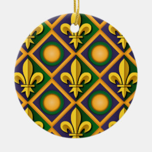Mardi grass pattern with golden fleur-de-lis ceramic ornament