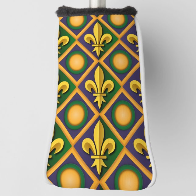 Mardi grass pattern with golden fleur-de-lis golf head cover (Rotate 90)