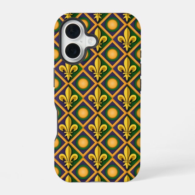 Mardi grass pattern with golden fleur-de-lis iPhone 16 case (Back)