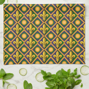 Mardi grass pattern with golden fleur-de-lis kitchen towel