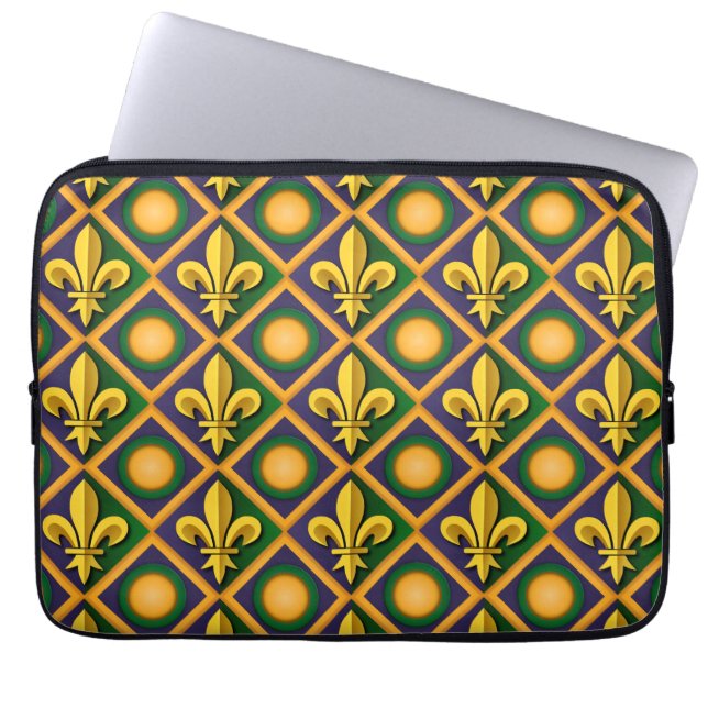 Mardi grass pattern with golden fleur-de-lis laptop sleeve (Front)