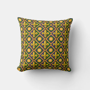 Mardi grass pattern with golden fleur-de-lis throw pillow
