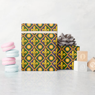 Mardi grass pattern with golden fleur-de-lis wrapping paper