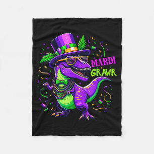 Mardi Grawr T-rex Dino Mardi Gras Dinosaur Beads M Fleece Blanket