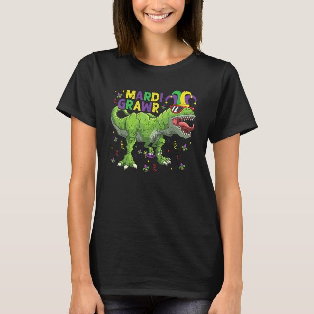 Mardi Grawr T Rex Dinosaur Mardi Gras Bead T-Shirt (Front)
