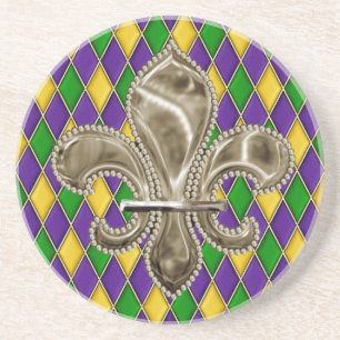 MardiGras Harlequin Pattern Coaster w/Fleur de Lis