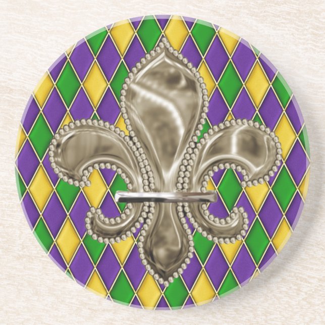 MardiGras Harlequin Pattern Coaster w/Fleur de Lis (Front)