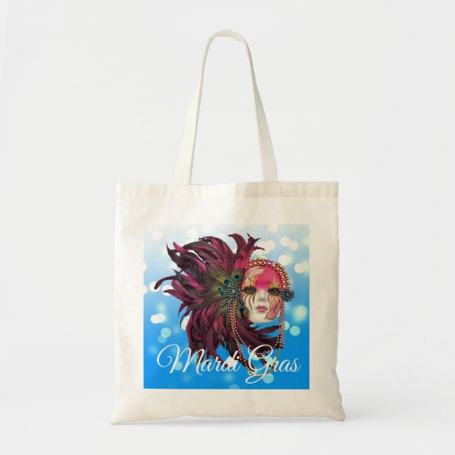 Mardis Gras Mask with Feathers and Beads Tote Bag (Front)