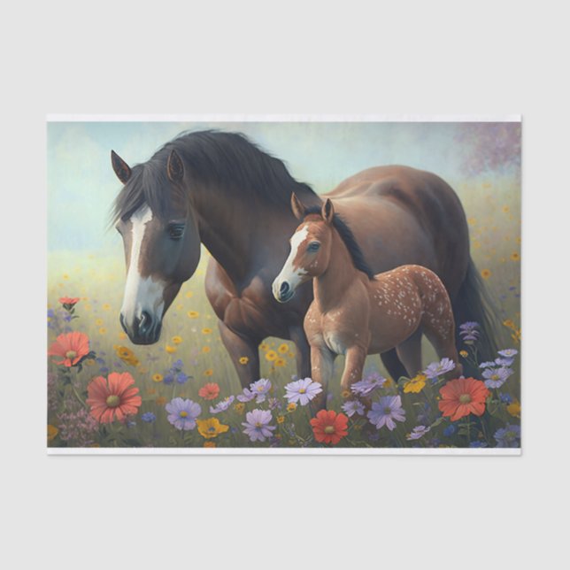 Mare and Foal in a Field of Flowers Decoupage Tissue Paper (Front)