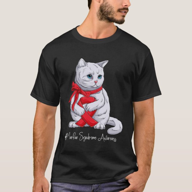 Marfan Syndrome Awareness Month Red Ribbon Cat T-Shirt (Front)