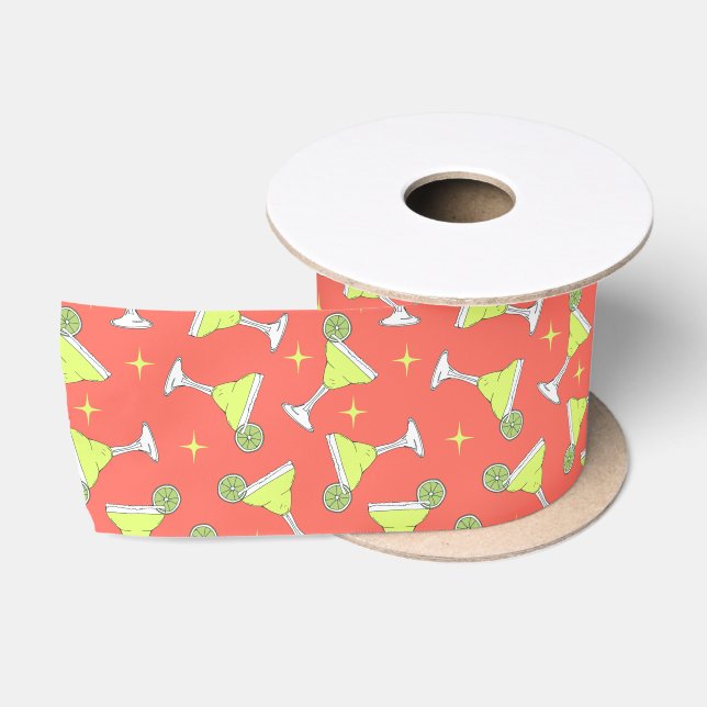 Margarita Cocktail Patterned Coral Pink Satin Ribbon (Spool)